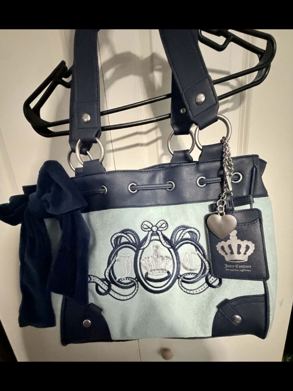 Juicy Couture Light Blue Canvas Shoulder Tote with Navy Trim and Bow